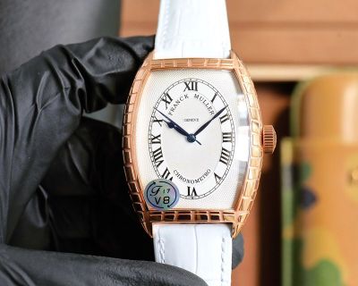 Franck Muller Cintree Curvex 55*42*13mm White Face White Leather Band Rose Gold Watch